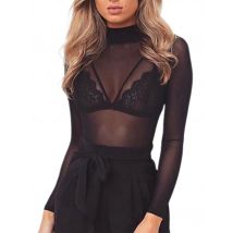 Woman Mesh Perspective Base Tops T Shirt Sexy Solid Color Turtleneck Long Sleeve Elastic Slim T-shirt Transparent Punk Club Wear