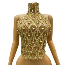 Sparkly Gold Rhinestone Mesh Tops Women Sexy See Through Evening Party Birthday Wear Nightclub Stage Performance Costume