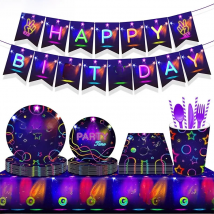 Glow In The UV Party Tableware Tablecloths Cups Plates Banner Napkins straws Balloons Neon Glow Birthday Party Supplies