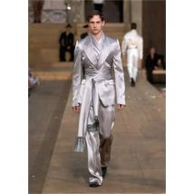 Silver Satin Men Suits Set 2 Piece Blazer+Pant Trousers With Belt Customized Wedding Tuxedo Formal Office Prom Jacket Coat