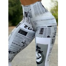 New Trend Women Newspaper Print Butt Lifting Pants 2025 Summer Femme Anime High Waist Skinny Trousers Sporty Lady Clothing