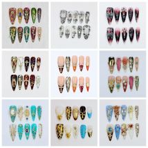 10Pcs Custom Design Luxury Long Stiletto Press On Nails,Chrome Gold Cross Virgin Mary Nail Art Catholic Handpainted Nails