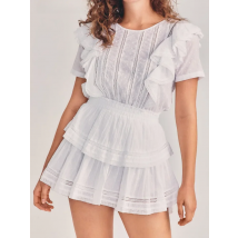 2022 Summer Hollow Out Hole Spiced Lace Ruffles Hem Short Sleeve Swing Dress White Women Slim Elastic Waist Mini Cake Dresses