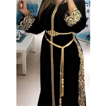 Customized V-neck Long Sleeve Gold Appliqué Black Belted Pearl Moroccan Robe Arabic Dress High Embroidered Lace Evening Gown