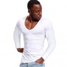 Deep V Neck Tshirt for Men Low Cut Wide Collar Top Tees Male Pure Cotton Slim Fit Long Sleeve  Men T Shirt