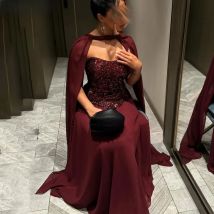 Eightale Burgundy Chiffon A Line Saudi Arabic Evening Dress Cape Sequins Prom Party Dress Women Dubai Formal Gown Customized