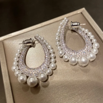 Bilincolor Silver Color CZ Oval with White Pearl Special Design Earring for Women Gift