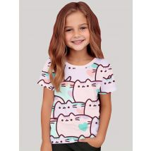 Neue Sommer Teen Mädchen niedlichen Cartoon Katze 3d gedruckt T-Shirt Kurzarm Rundhals ausschnitt