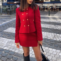 XEASY 2021 Tweed Women Two-piece Set Dark Red Vintage Office Lady Double Breasted Blazer Female Slim High Waist Mini Skirt Suit