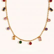 La. Muses Colored Cubic Zirconia Bead Chain Stainless Steel Women's Necklace 18K Gold-Plated Fashion Waterproof Jewelry Gifts