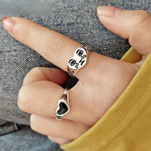 Foxanry Stamp Black LOVE Heart Rings for Women New Fashion Cute Cartoon Face Thai Silver Rock Party Jewelry Gifts