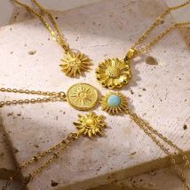 Stainless Steel Sun Pendant Necklace for Women Gold Color Heart Flower Collar Necklaces Waterproof Jewelry Gift 2024 New Trendy