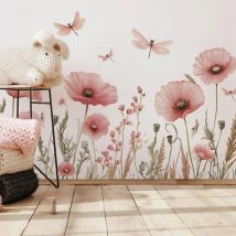 Pink Flower Vinyl Tile Child Wall Sticker For Girl Room Decor Wall Decor Adhesive Wallpaper Furniture Sticker Bedroom Decoration