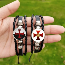 Hot Knights Templar Cross Bracelet for Men Unisex Masonic Symbol Glass Custom Pattern Woven Leather Bracelets Bangle