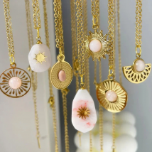 Pink Natural Stone Necklaces Gold Color Hollow Flower Irregular Water Drop Geometric Stainless Steel Pendant Necklace Jewelry