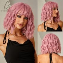 CharmSource Parrucche sintetiche BOBO rosa Parrucca per capelli corti a onde naturali per le donne Festa quotidiana Resistente al calore ad alta densità
