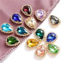 Colorful 4 Sizes Teardrop Glass Sew On Rhinestones With Golden Bottom Flatback Crystals Stones For Diy Clothing Accessories