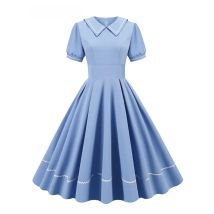 Tonval Sailor Collar Short Sleeve Vintage Style High Waist Swing Dresses Elegant for Women Blue Evening Gowns Pleated Dress