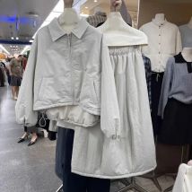 Korea Classic Snow Wear Women 2 Piece Sets Fall Winter Casual Lapel Cotton Coats Tops Outfit Elastic High Waist Skirts Conjunto