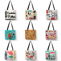 Large Capacity Female Single Shoulder Bag London Famous Landscape Pattern Linen Handbags Casual Foldbable Tote Shopping Bags