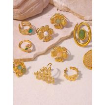 Vintage Green Stone Open Stainless Steel Rings For Women Fashion Gold Color Flower Zircon Ring Jewelry Aesthetic Anillos Gift
