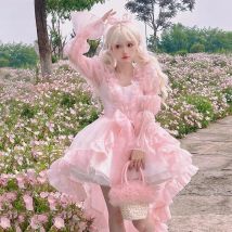 REDDACHiC Kawaii Petticoat Trailing Mini Dress Set Women Puff Sleeves Shawl Lace-up Organza Puffy Dress Princess Lolita Costumes