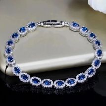 Pera Fashion Women Silver Color Summer Jewelry Design Dark Blue Cubic Zirconia Oval Chain Link Bracelets for Mothers Day B070