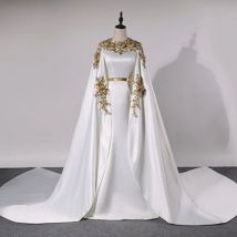 Luxus muslimischen boden langen Abendkleid O-Ausschnitt Langarm Gold Applikation Meerjungfrau Frauen Bankett Party benutzer definierte Schal Umhang Kleider