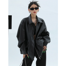 Lautaro Spring Autumn Oversized Casual Waterproof Black Soft Pu Leather Jacket Women with Drop Shoulder Long Sleeve Fashion 2022