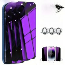 NNBILI 3 Pcs Purple Screen Glass + 3 Pcs Metal Lens Anti-Blue Light Privacy Screen Protector For IPhone 16 15 14 13 12 Pro Max