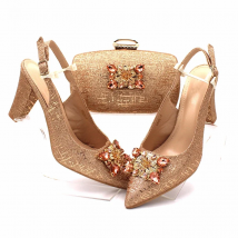 US Duty Free Champagne Color High Quality Women Pointed Toe Shoes Matching Bag Set for Nigerian Ladies Wedding Party