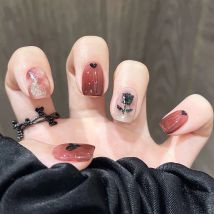 24 Stück schwarze Rose künstliche Nägel, kurz, quadratisch, runder Kopf, falsche Nägel, Design-Kunst, vollständige Abdeckung, Set, Pressnägel