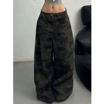Vintage Y2K Camouflage Jeans Women High Waist Baggy Casual Straight Pants Streetwear American Retro Wide Leg Denim Trousers