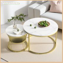 UrbanLuxe Tavolino da caffè (set di 2), piano in marmo, struttura in metallo, tavolino da caffè, tavolino laterale, tavolo da soggiorno, oro