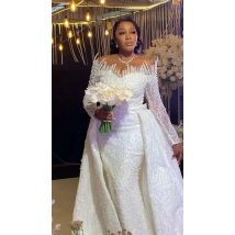 Off Shoulder Full Pearls Beads Wedding Dresses Luxury Mermaid with Detachable Train African Women Bridal Gowns Robe De Mariee