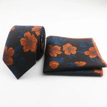 2 Pieces/Set 7CM Classic Mens Floral Feather Black Necktie Polyester Bowtie Skinny Pocket Square Leisure Tuxedo Suit Tie Set