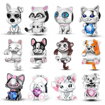 Real 925 Sterling Silver Pink Rabbit Cat Dog Animal Charms Beads Fit Qikaola 925 Original Bracelets DIY Birthday Jewelry Making