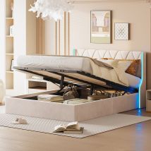 Letto imbottito letto matrimoniale 140x200 cm, letto con spazio contenitore e rete a doghe, letto con LED, letto contenitore con box letto e testiera