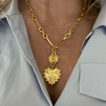 Chunky Gold Color Heart Pendants Necklace Sun Flower Necklaces for Women Aesthetic Jewelry Hip Hop Zircon Choker Christmas Gift