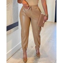 Women's Trousers 2024 Autumn Winter Latest Solid Drawstring Pocket Pu Leather Casual Fashion Bound Foot Leather Pants Long Pants