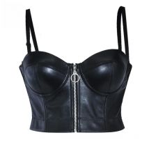 Steampunk Strap Padded Sexy Bra Bustier Cropped Top Vest Black Faux Leather Zipper Night Club Wear Bralet Streetwear Women
