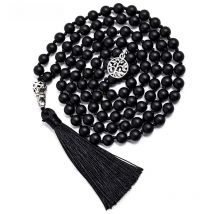 8mm Matte Black Agate Beads Knotted 108 Mala Necklace Meditation Yoga Declaration Tibetan Tassel Tree of Life Pendant Jewelry