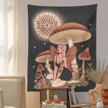 Mushroom woman Tapestry Wall Hanging Psychedelic Illustration background Hippie decor Fungi woman Bohemian Tapestry wall art