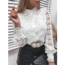 Shirts Elegant Office Ladies White Collared Lace Patchwork Hollow Out Button Up Womens Tops And Blouses 2025 Fashion New Blouse