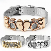 Silver Color Stainless Steel Mesh Watch Belt Bracelets For Women Men Couple Rose Gold Plated Lover Heart Charm Bracelet Bangle