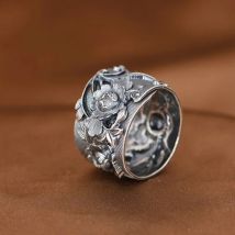 Thai Silver 925 Peony Flower  Rings for Women Ethnic Style Embossed Design Retro Wide Ring for Couples Banquet Jewelry