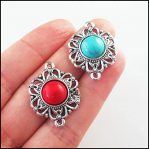 Fashion 8Pcs Retro Tibetan Silver Tone Flower Round Blue&Red Stone Charms Connectors 21.5x28mm