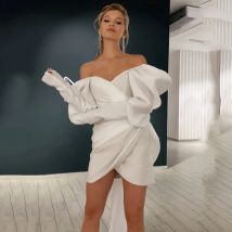 Thinyfull Ivory Mini Wedding Party Dresses With Big Bow Long Sleeves Wedding Gowns Above Knee Princess Bridal Dress Customized