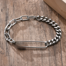 Bracelet Mens, Stainless Steel,Safety Pin with Half Cuban Chain, Half Rectangle Link Bracelets of Men Jewelry