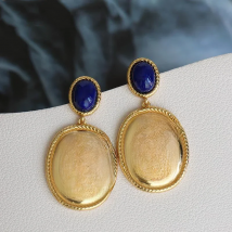New design inlaid lapis lazuli oval hollow earrings exaggerated punk style retro ancient gold craftsmanship women's jewelry